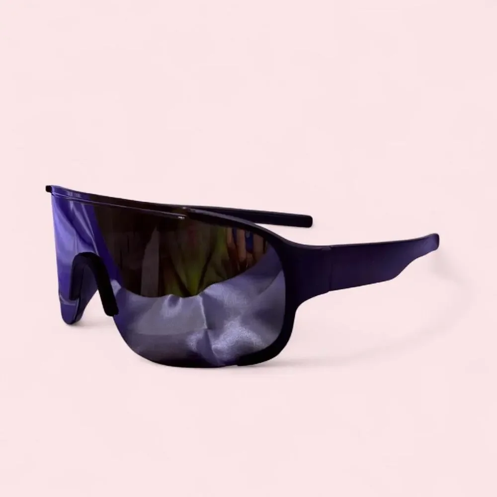 Unisex Black mirrored shield sunglasses with a sleek futuristic wraparound fit